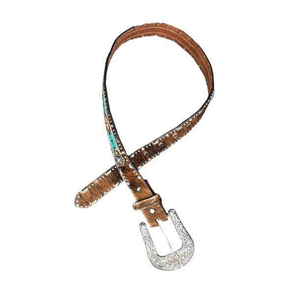 Ariat Womens Sm Belt Hair On Hide Leather Aztec Beaded Rhinestones Studs Buckle - Picture 1 of 11